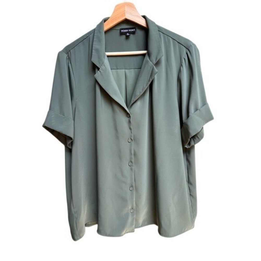 Modern Works Womens Button Up Shirt‎ XL Olive Green Flowy Oversized Work Office